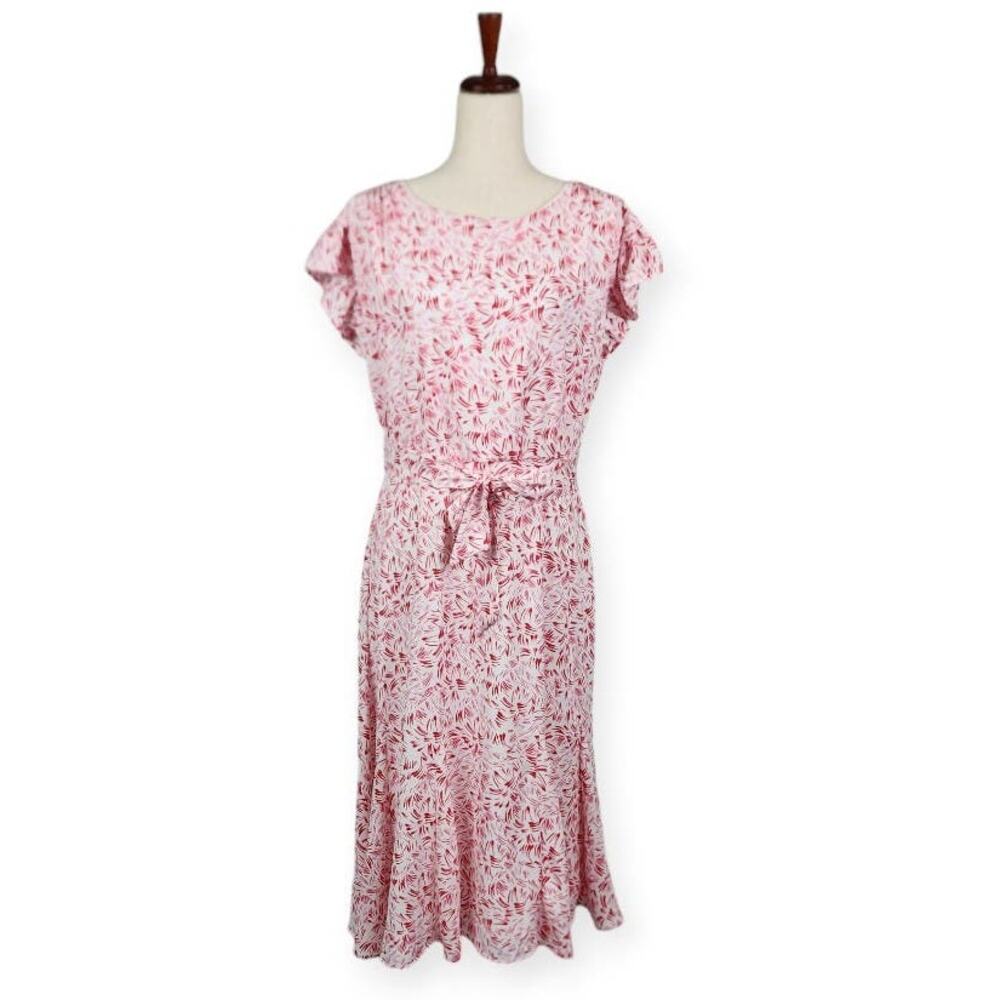 DKNY Midi Dress Belted Flutter Sleeve Abstract Print Red White Women's Size 10